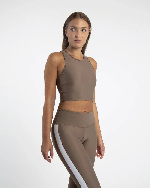 Compression Crop Top (Sand) Hooded Caped Shawl Collar