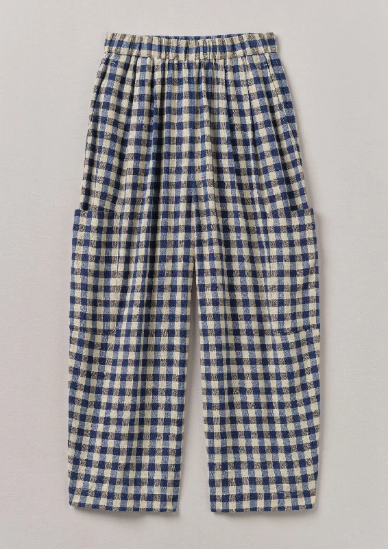 Gingham Linen Cotton Patch Pocket Trousers | Denim Blue Trousers Wedding White