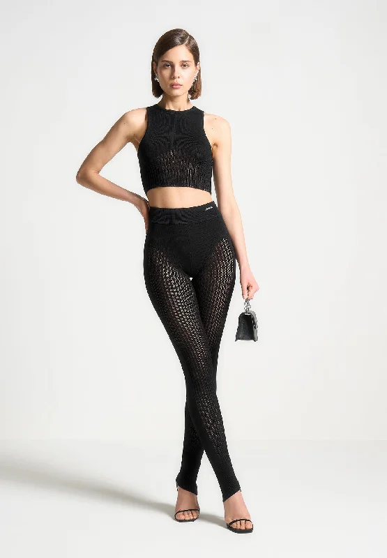 Knitted High Waisted Leggings - Black Elegant Sheer Leggings
