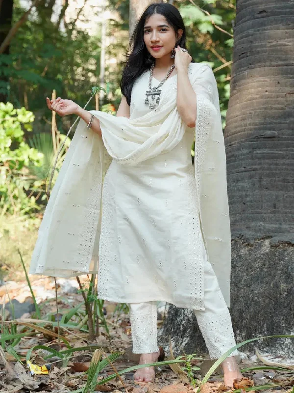 Off-White Embroidered Cotton Straight Kurta With Trousers & Dupatta Trousers fashionable trendy Off-White Embroidered Cotton Straight Kurta With Trousers & Dupatta Trousers fashionable trendy