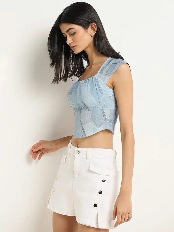 Nuon Blue Printed Cotton Crop Top Houndstooth Herringbone Solid
