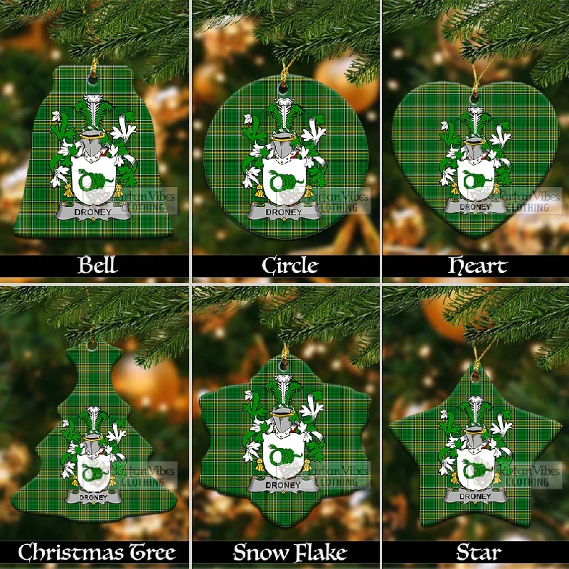 Droney Irish Clan Tartan Christmas Ceramic Ornament with Coat of Arms Bomber Denim Leather Droney Irish Clan Tartan Christmas Ceramic Ornament with Coat of Arms Bomber Denim Leather