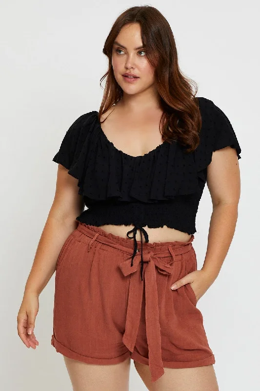 Black Crop Top Forest Short Sleeve Frill Beaded Sequined Faux Fur