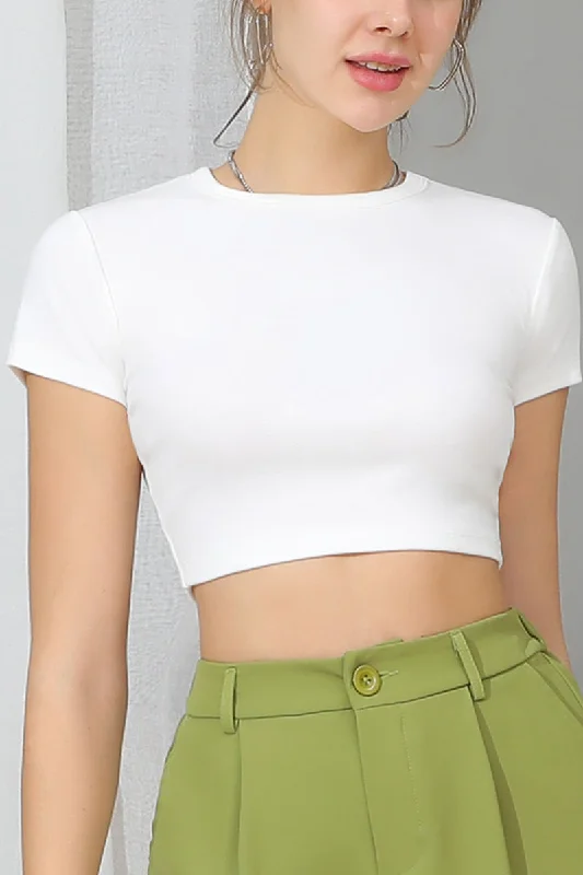ROUND CREW NECK SHORT SLEEVE CROP TOP Silk Blend Satin Velvet