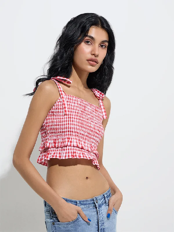 Nuon Red Checkered Smocked Cotton Crop Top Casual Formal Business