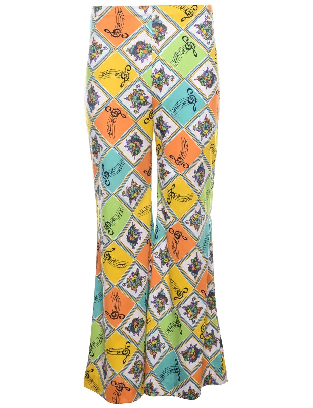 Floral & Argyle Print 1970s Multi-Colour Flared Trousers - W28 L30 Trousers Leisure Comfortable