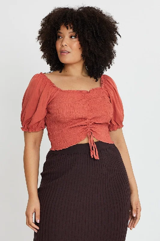 Brown Plus Short Sleeve Shirred Semi Crop Top Welt Pockets Slit Pockets Flap Pockets Brown Plus Short Sleeve Shirred Semi Crop Top Welt Pockets Slit Pockets Flap Pockets