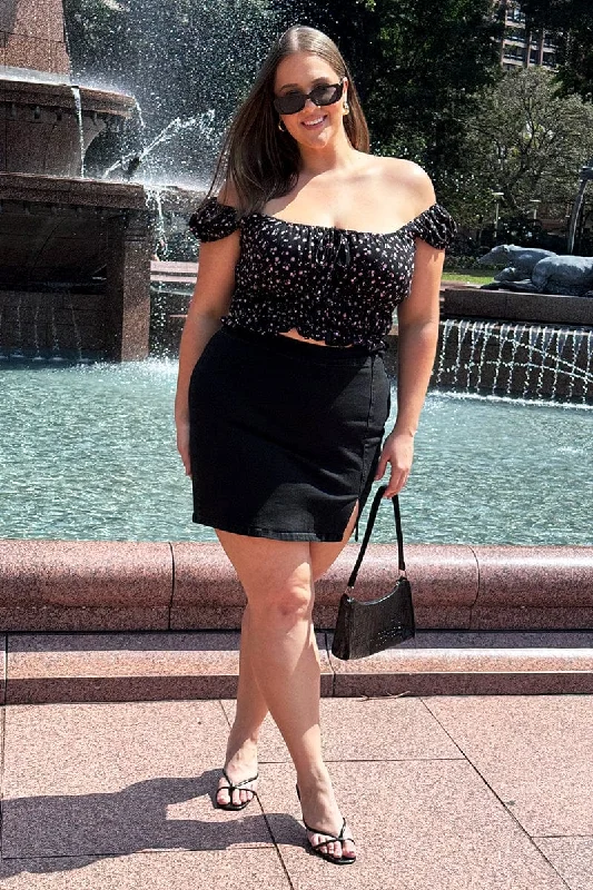 Black Ditsy Crop Top Short Sleeve Ruched Rayon Velvet Corduroy