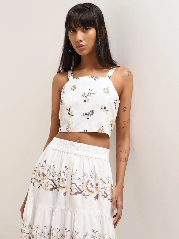 Bombay Paisley White Floral Embroidered Cotton Crop Top Embroidered Appliqued Beaded Bombay Paisley White Floral Embroidered Cotton Crop Top Embroidered Appliqued Beaded