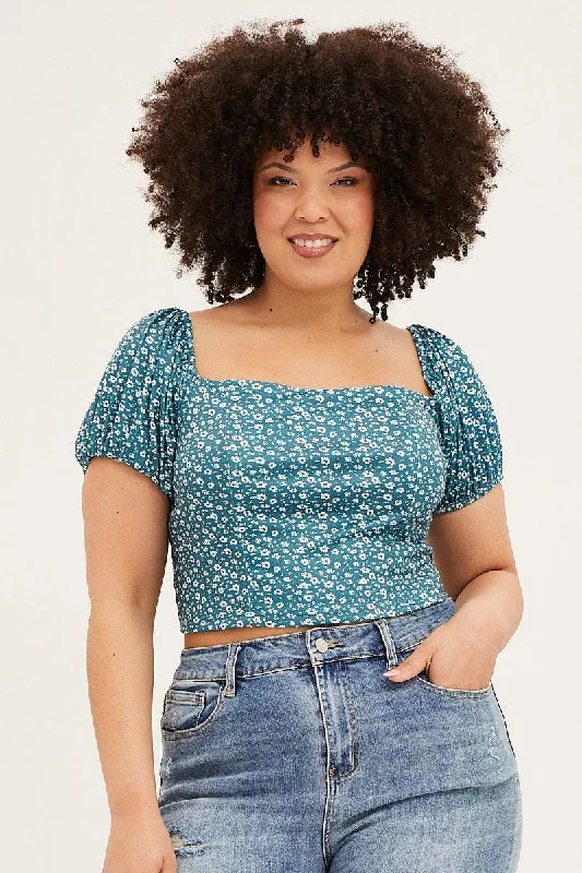 Floral Print Square Neck Puff Sleeve Crop Top Ribbed Crop Top High Neck Heavyweight