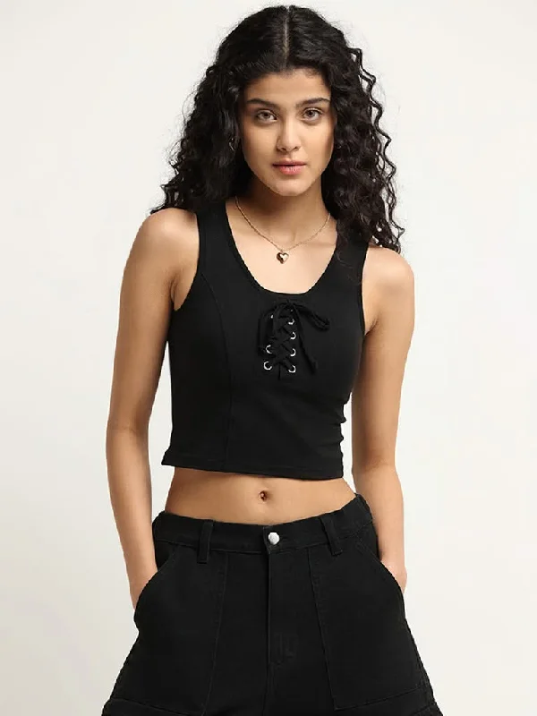 Nuon Black Cotton Blend Lace-Up Crop Top Fleece Nylon Spandex