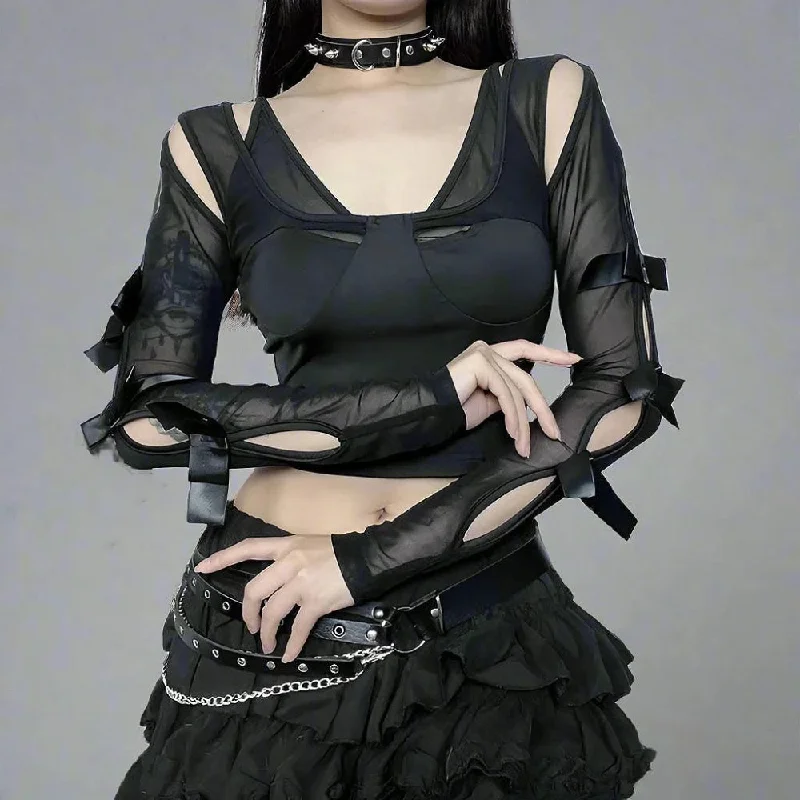 Gothic Style Mesh Patchwork See Through Crop Top Houndstooth Herringbone Solid