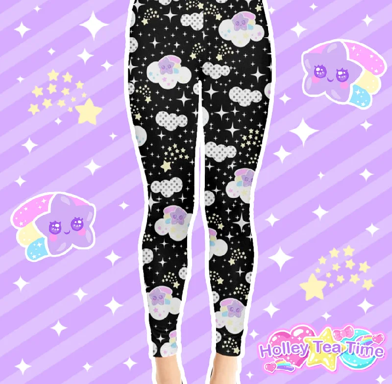 Shooting Star Clouds Black Leggings Comfortable Slip-On Leggings