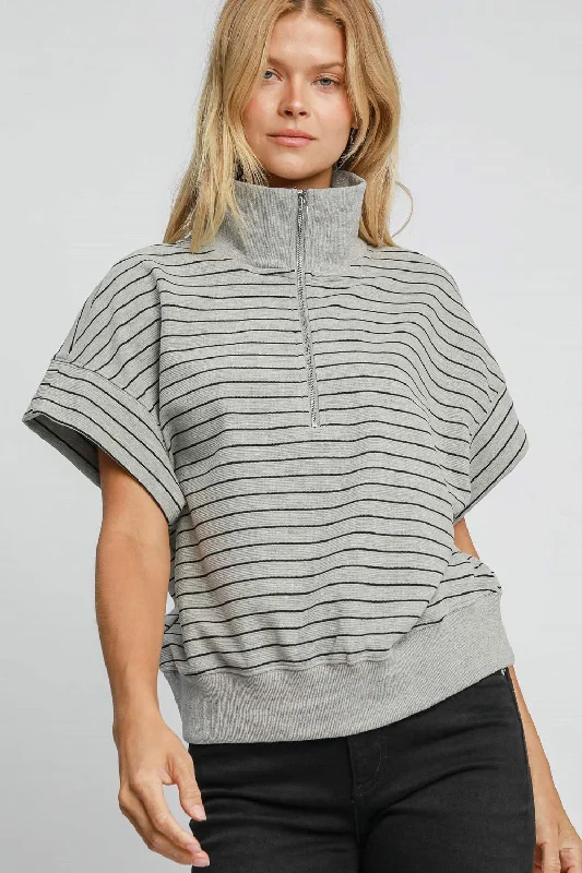 Hazel Blues® | Umgee Striped Half Zip Short Sleeve Sweatshirt Hoodie with Toggle Buttons Decorative Unique Hazel Blues® | Umgee Striped Half Zip Short Sleeve Sweatshirt Hoodie with Toggle Buttons Decorative Unique
