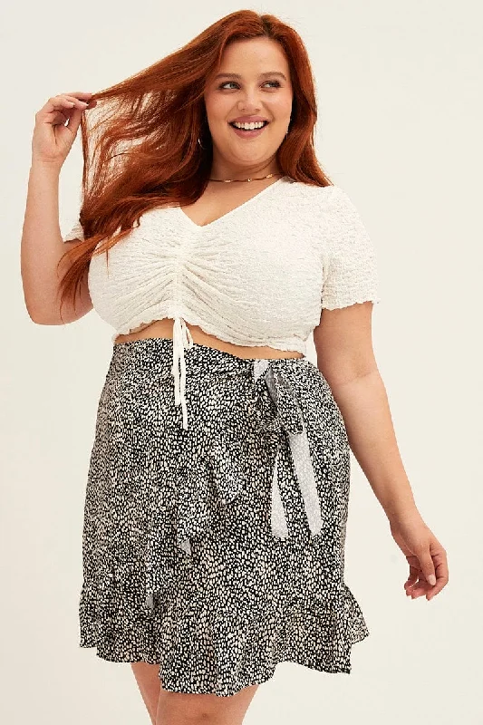 White Crop Top Short Sleeve Textured Lace Drawstring Houndstooth Herringbone Solid