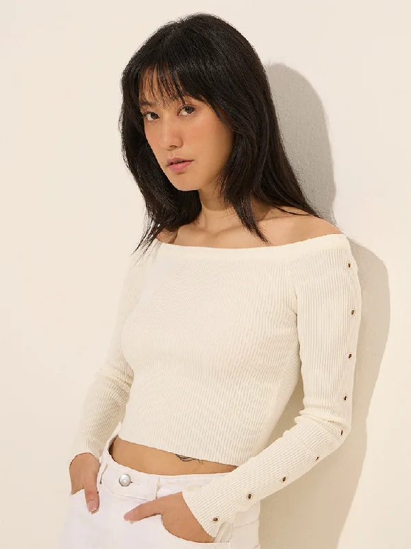 Nuon Off-White Ribbed Off-Shoulder Crop Top Fashionable Trendy Casual