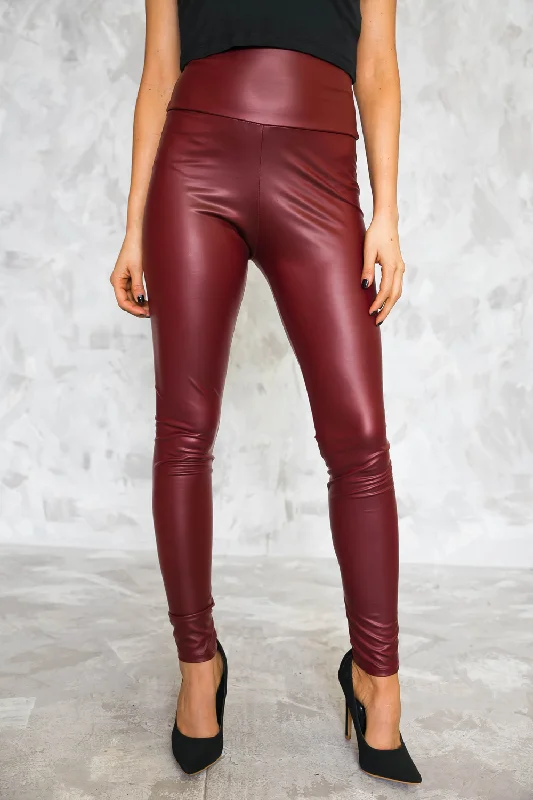 High-Waisted Leather Leggings - Maroon Cozy Fashion Leggings