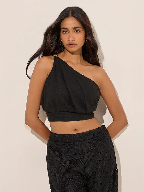 LOV Black One-Shoulder Linen-Blend Crop Top Mesh Fabric Canvas Fabric Denim Fabric