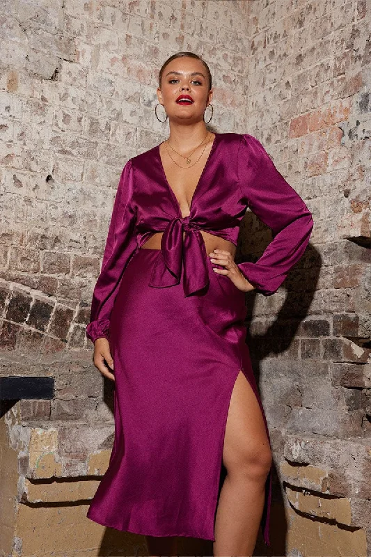 Purple Crop Top Long Sleeve Tie Front Satin Ribbed Crop Top High Neck Heavyweight
