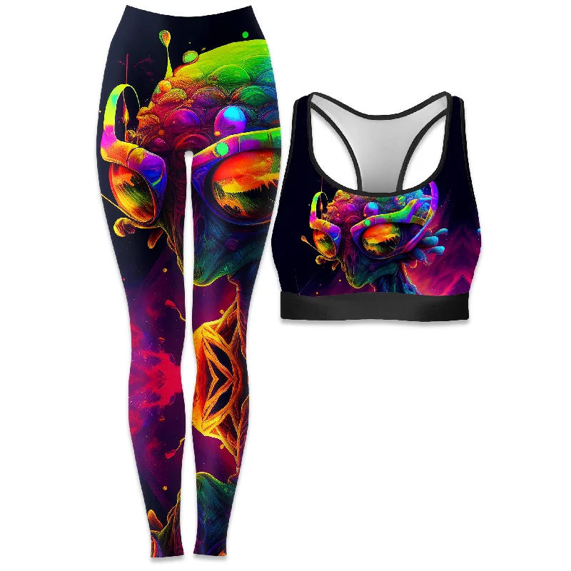 Psychedelic Alien Rave Bra and Leggings Combo Trendy Sporty Compression Leggings