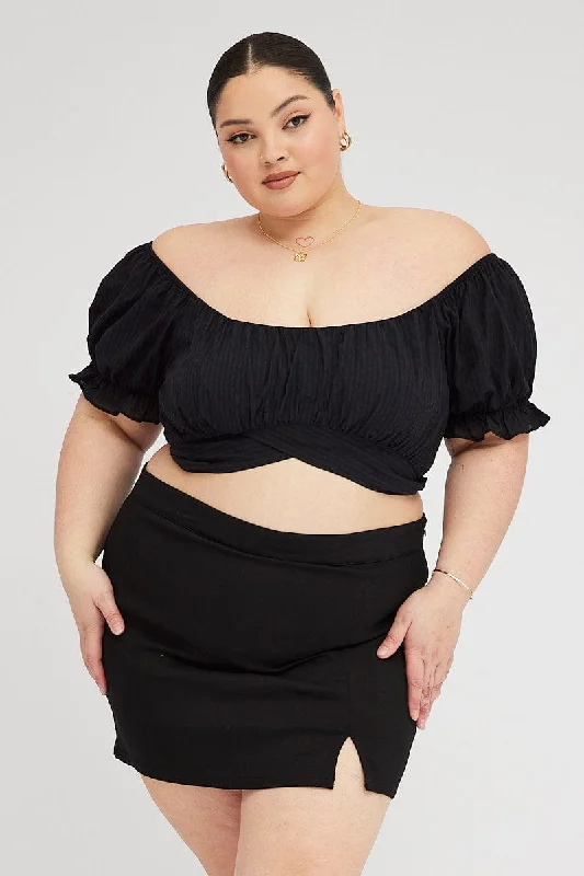Black Crop Top Short Sleeve Tie Back Anti-Shrink Durable Soft