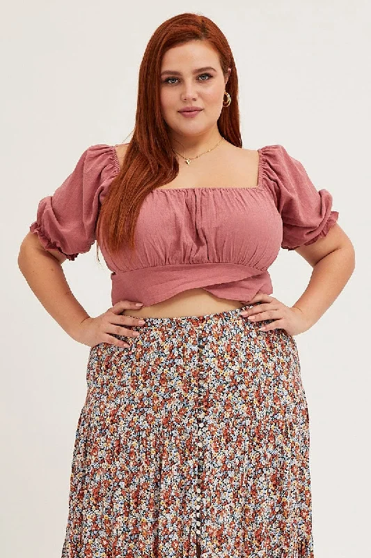 Pink Short Sleeve Tie Back Crop Top Rayon Fabric Velvet Fabric Corduroy Fabric