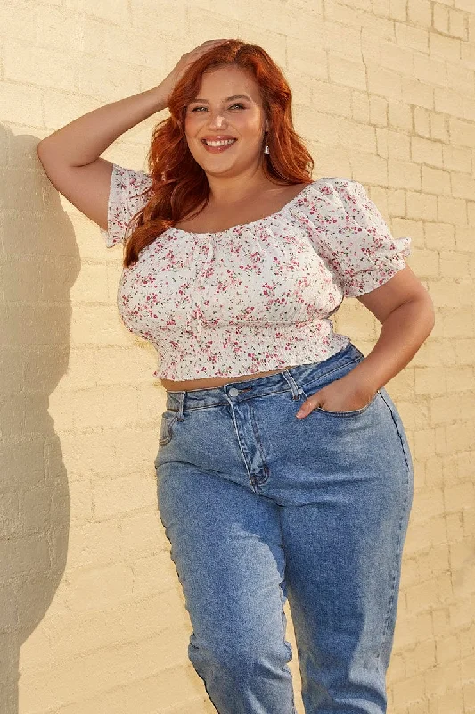 White Floral Crop Top Short Sleeve Shirred Waist Wool Fabric Cashmere Fabric Tweed Fabric White Floral Crop Top Short Sleeve Shirred Waist Wool Fabric Cashmere Fabric Tweed Fabric