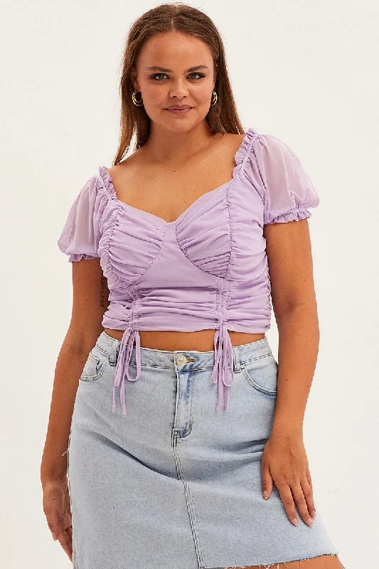 Purple Crop Top Short Sleeve Mesh Ruched Layered Multi-layer Single Layer