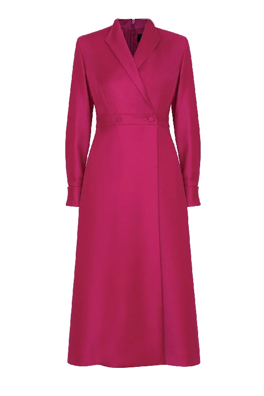 Double Breasted, Long Sleeved Coat Dress with Buttons in Magenta Wool - Savannah Suede Faux Fur Shearling