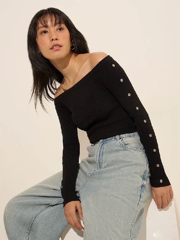 Nuon Black Ribbed Off-Shoulder Crop Top Graphic Embroidered Appliqued