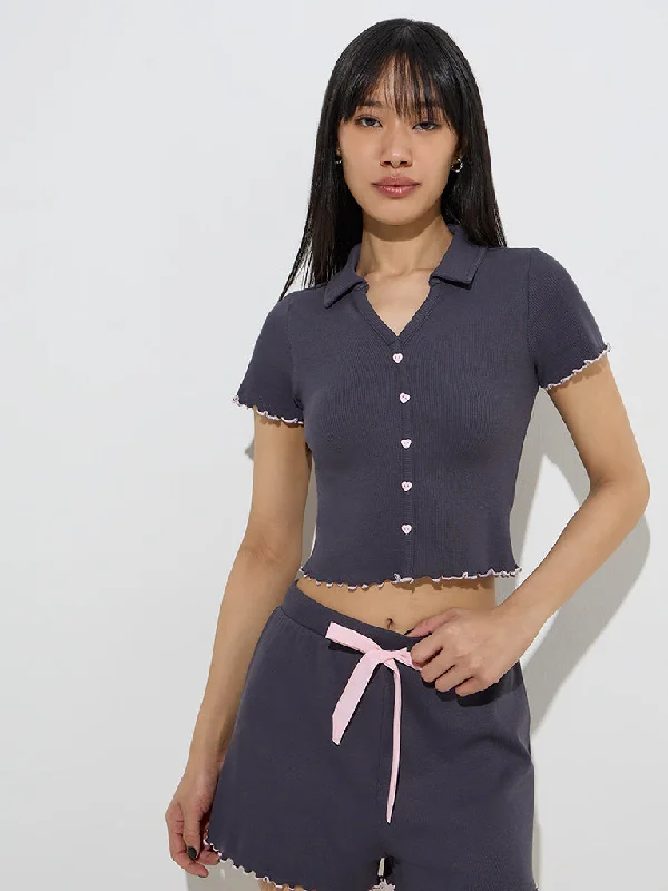 Superstar Charcoal Ribbed Cotton-Blend Crop Top Summer Crop Top Casual Short Sleeve