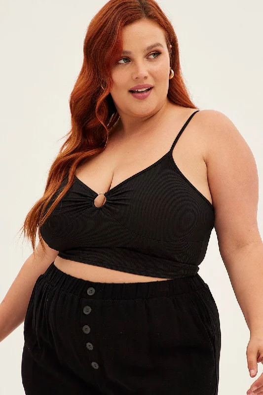 Black Crop Top Ring Detail Shoestring Strap Jersey Striped Floral Plaid
