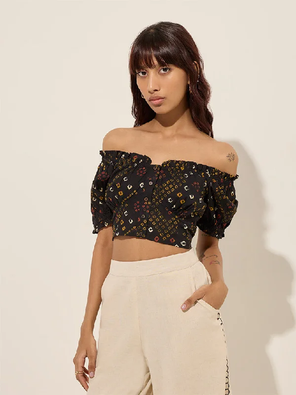 Bombay Paisley Black Printed Cotton Crop Top Hooded Caped Shawl Collar