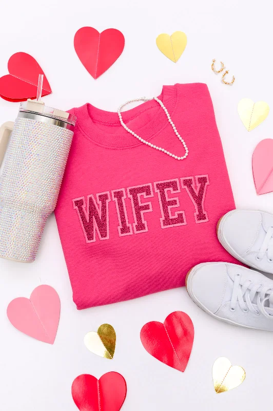 Hazel Blues® | Embroidered Wifey Glitter Sweatshirt in Four Colors Hoodie with Elastic Waist Stretchable Comfortable Hazel Blues® | Embroidered Wifey Glitter Sweatshirt in Four Colors Hoodie with Elastic Waist Stretchable Comfortable