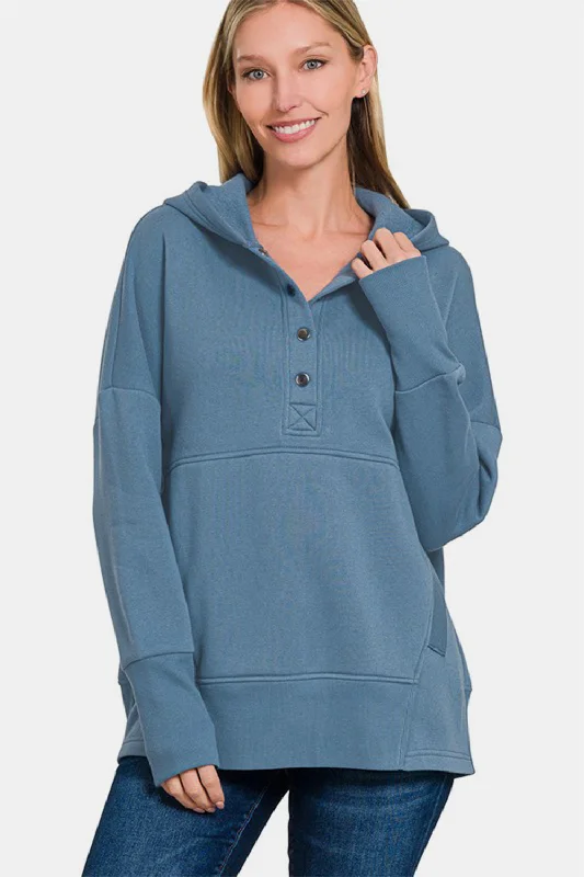 Hazel Blues® | Zenana Half Snap Long Sleeve Hoodie with Kangaroo Pocket Hoodie with Back Slit Movement Comfort Hazel Blues® | Zenana Half Snap Long Sleeve Hoodie with Kangaroo Pocket Hoodie with Back Slit Movement Comfort