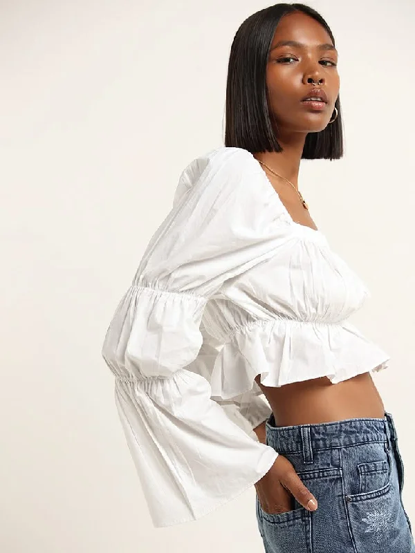 Nuon White Smocked Cotton Crop Top Fleece Fabric Down Fabric Feather Fabric