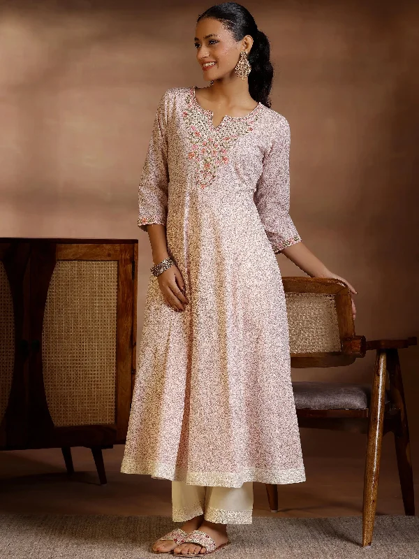 Mauve Printed Cotton Anarkali Kurta With Trousers Wide Leg Loose Fit Mid Waist