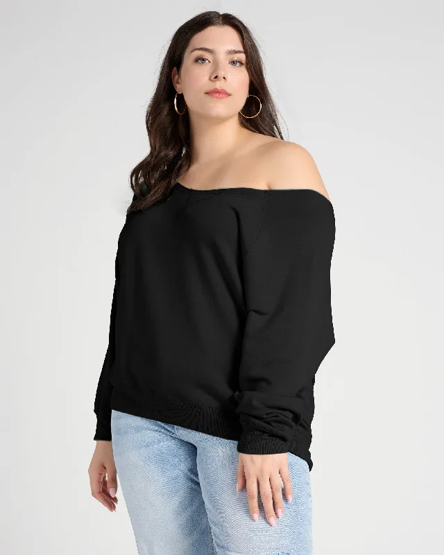 Plus Size Off the Shoulder Fleece Sweatshirt Hoodie with Contrast Stitching Detailed Premium