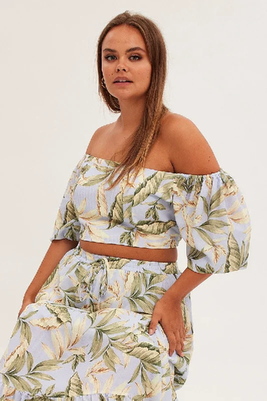 Blue Print Crop Top Short Sleeve Shirred Back Summer Crop Top Casual Short Sleeve