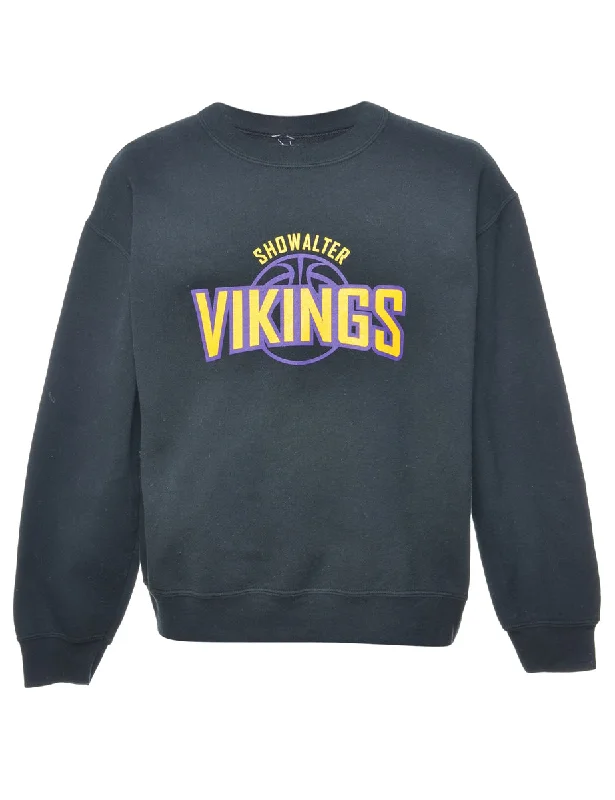 Black Vikings Printed Sweatshirt - M Hoodie with Elastic Waist Stretchable Comfortable