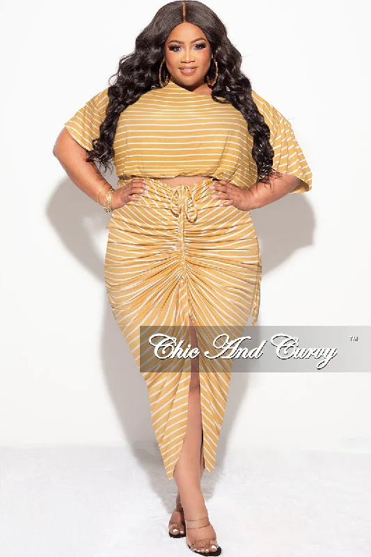 Final Sale Plus Size 2pc Crop Top and Ruched Skirt Set in Mustard and White Stripe Print Chenille Brocade Lace Final Sale Plus Size 2pc Crop Top and Ruched Skirt Set in Mustard and White Stripe Print Chenille Brocade Lace
