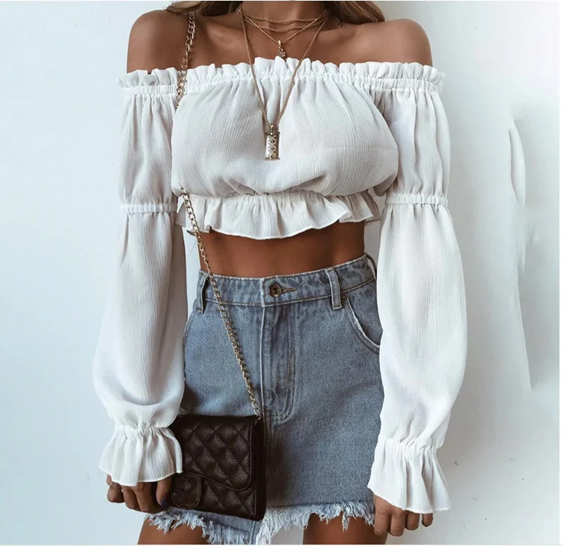 Long Sleeve Off Shoulder Crop Top Embroidered Appliqued Beaded