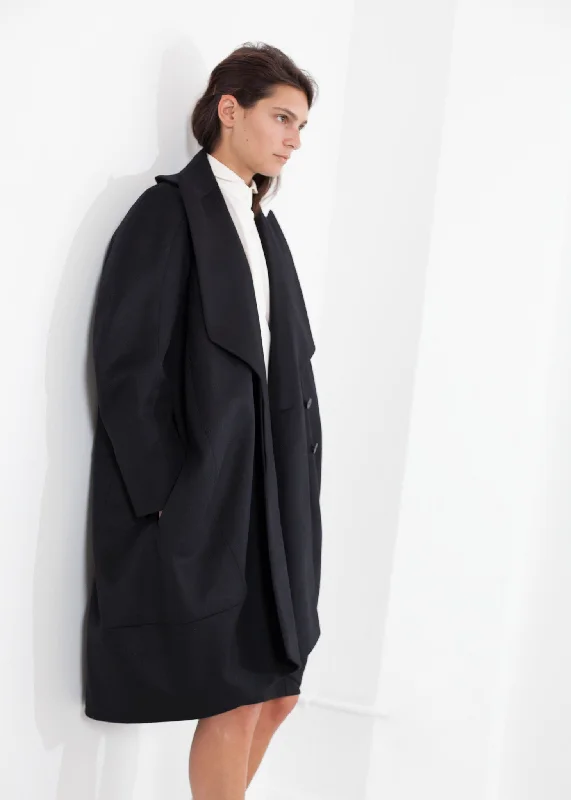 Shahmeena Cocoon Coat in Black Asymmetrical Diagonal princess