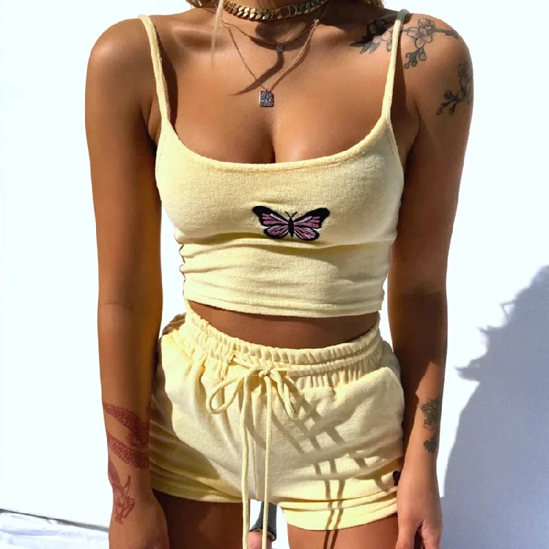 Cute Crop Top & Shorts Set Mesh Blend Leather Blend Suede Blend