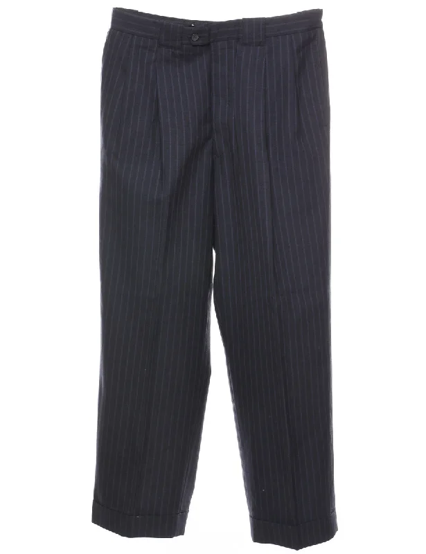 Navy & White Pinstriped Pleated Trousers - W35 L30 Trousers Hiking Durable