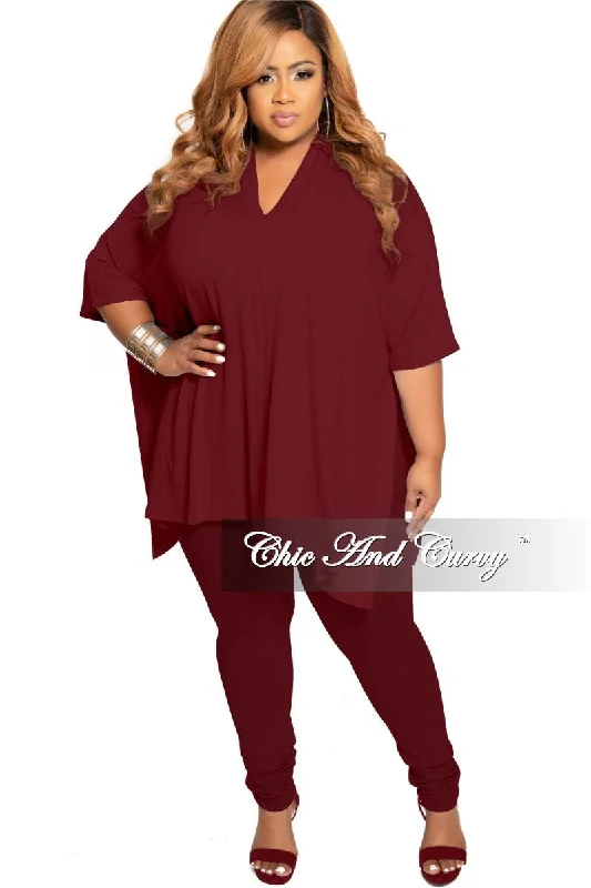 New Plus Size 2-Piece V-Neck Tunic Top and Matching Legging Set in Burgundy Cozy Warmth Leggings