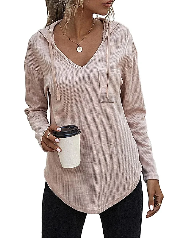 morhuduck Women's V Neck Hoodies Long Sleeve Sweatshirt Drawstring Pullover Tops with Pocket, Apricot Cap Sleeve Casual