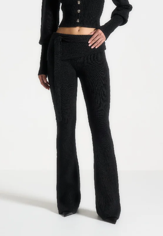Knitted Fit & Flare Leggings with Belt - Black Trendy Fitness Leggings