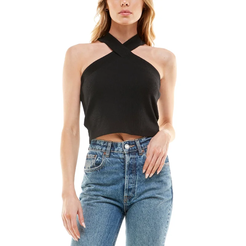NO COMMENT - Ribbed Halter Crop top Collared Crop Top Boat Neck A-Line