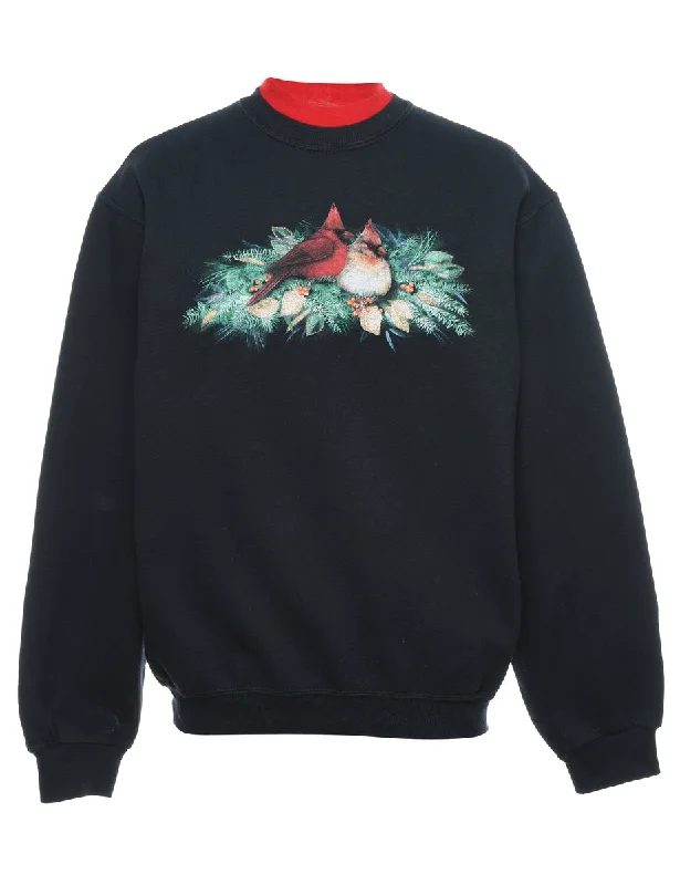 Black, Red & Green Christmas Design Sweatshirt - M Hoodie with Front Slit Layering Stylish